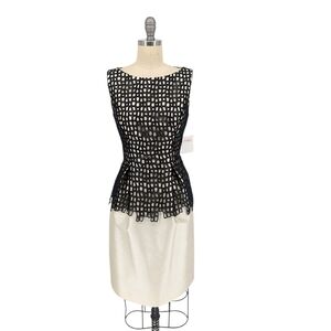 01463 Lela Rose Laser Cut Satin Dress Black Cream Size 6 party cocktail wedding